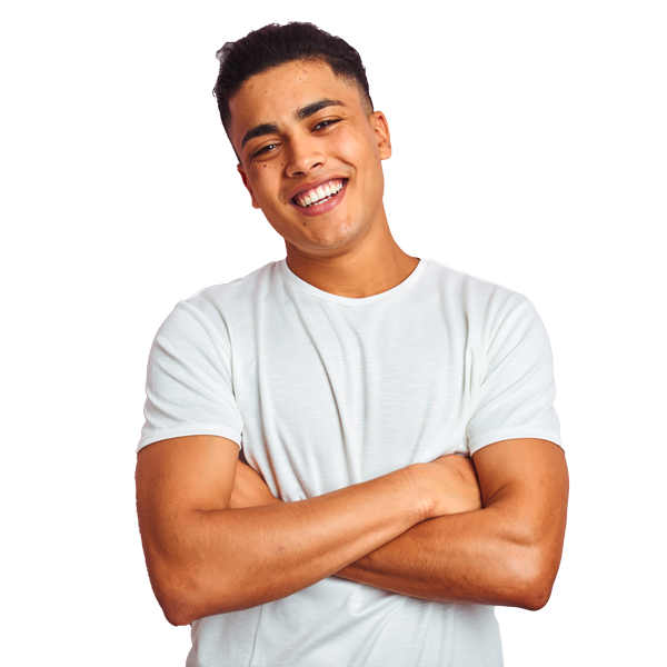 young adult man with arms crossed smiling