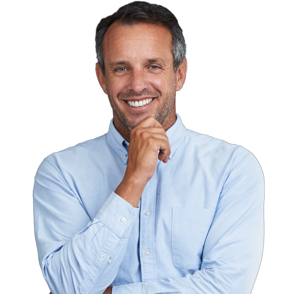 smiling man in blue button-up